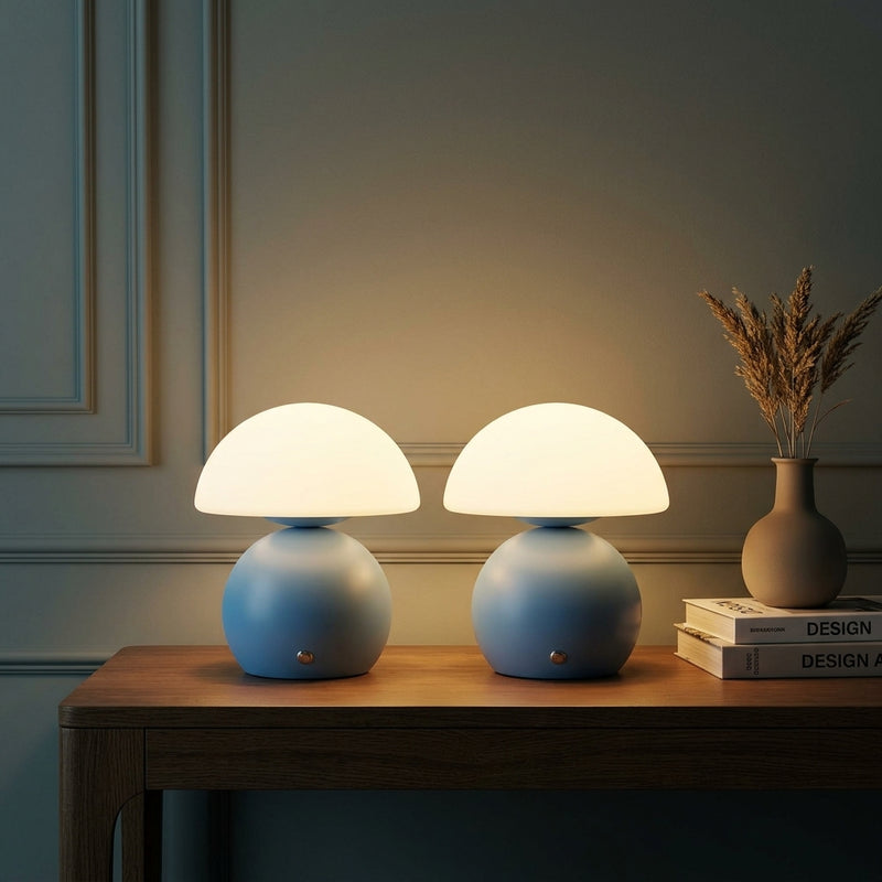 Kanya 7.3 in. Modern Minimalist Metal and Glass Rechargeable Integrated Touch Sensor Dimmable LED Table Lamp Matte Tide Pool Blue/White (Set of 2) – AI-ON