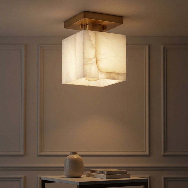 Alessia 1-Light Modern Contemporary Alabaster/Iron Cube LED Semi Flush Mount White Marbling/Brass Gold / 5'' – AI-ON