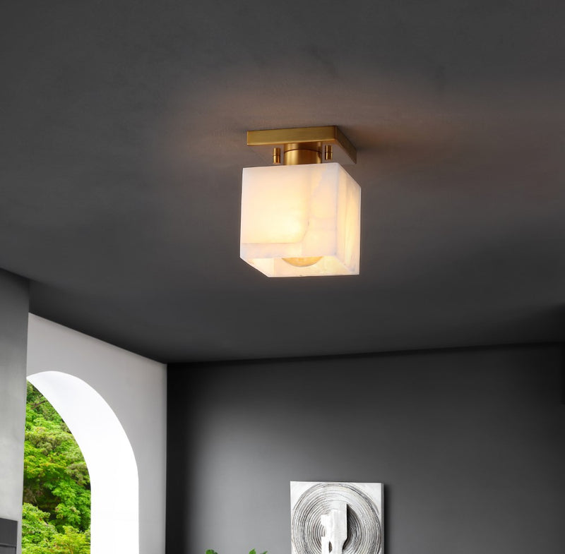 Alessia 1-Light Modern Contemporary Alabaster/Iron Cube LED Semi Flush Mount