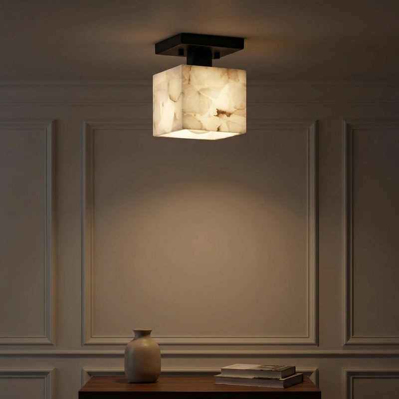 Alessia 1-Light Modern Contemporary Alabaster/Iron Cube LED Semi Flush Mount White Marbling/Black / 5'' – AI-ON