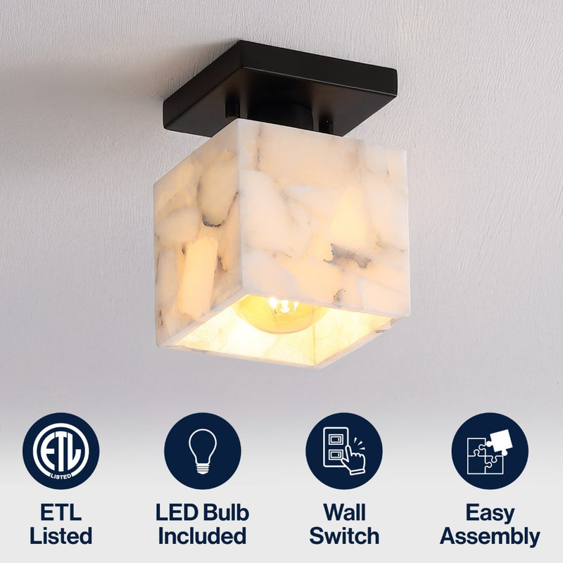 Alessia 1-Light Modern Contemporary Alabaster/Iron Cube LED Semi Flush Mount