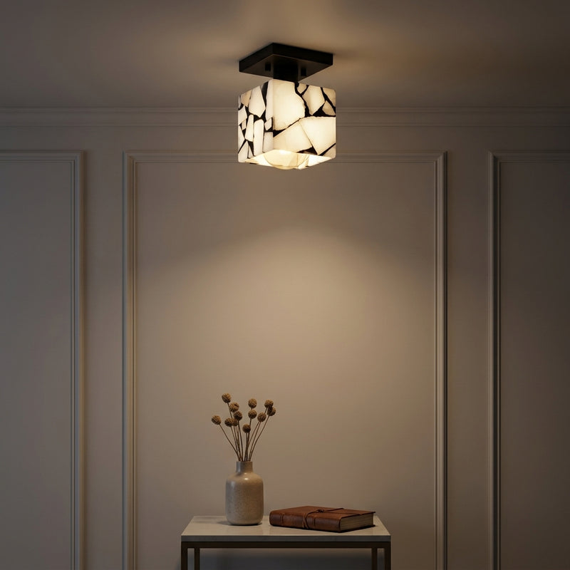 Alessia 1-Light Modern Contemporary Alabaster/Iron Cube LED Semi Flush Mount White and Black Marbling/Black / 5'' – AI-ON