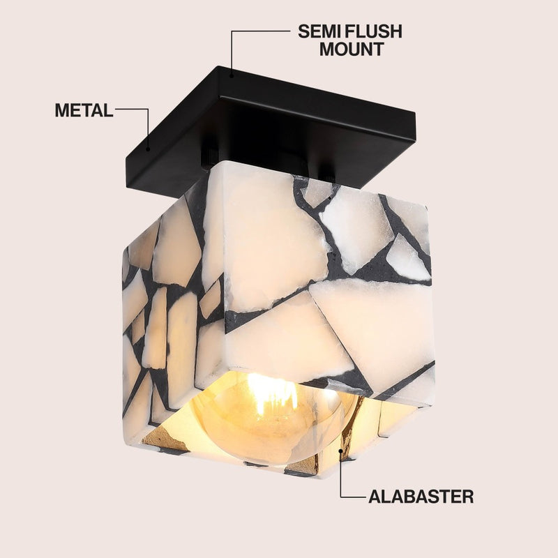 Alessia 1-Light Modern Contemporary Alabaster/Iron Cube LED Semi Flush Mount