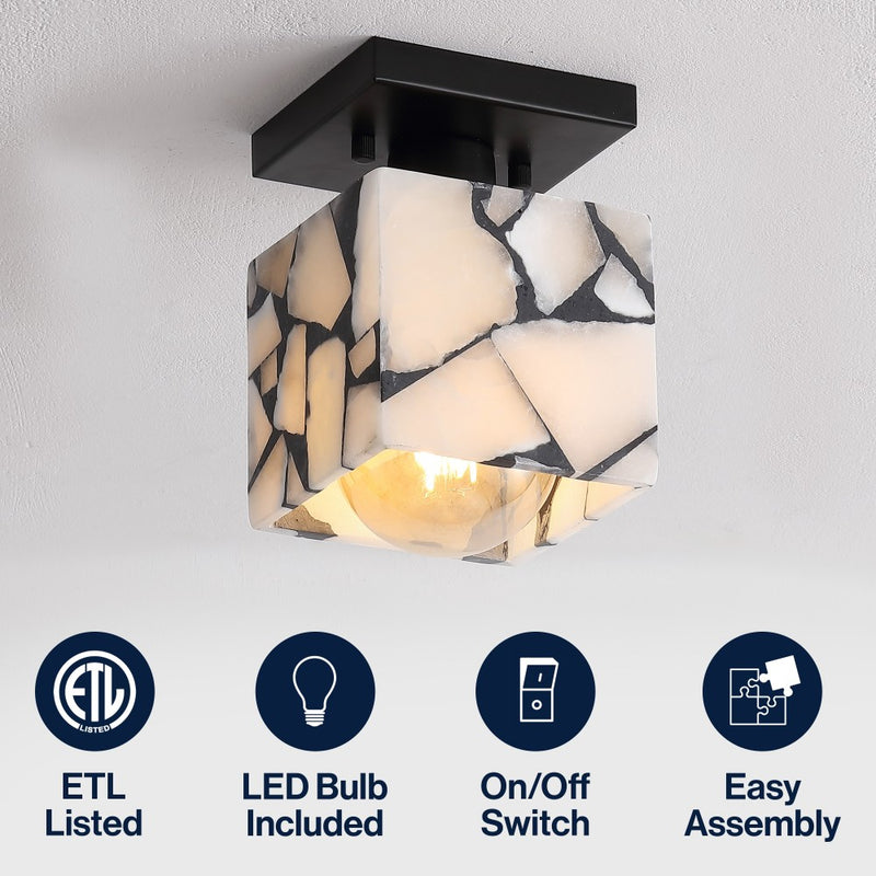 Alessia 1-Light Modern Contemporary Alabaster/Iron Cube LED Semi Flush Mount