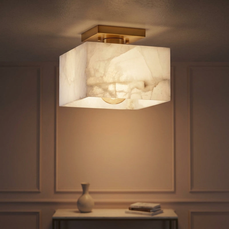Alessia 1-Light Modern Contemporary Alabaster/Iron Cube LED Semi Flush Mount White Marbling/Brass Gold / 8'' – AI-ON