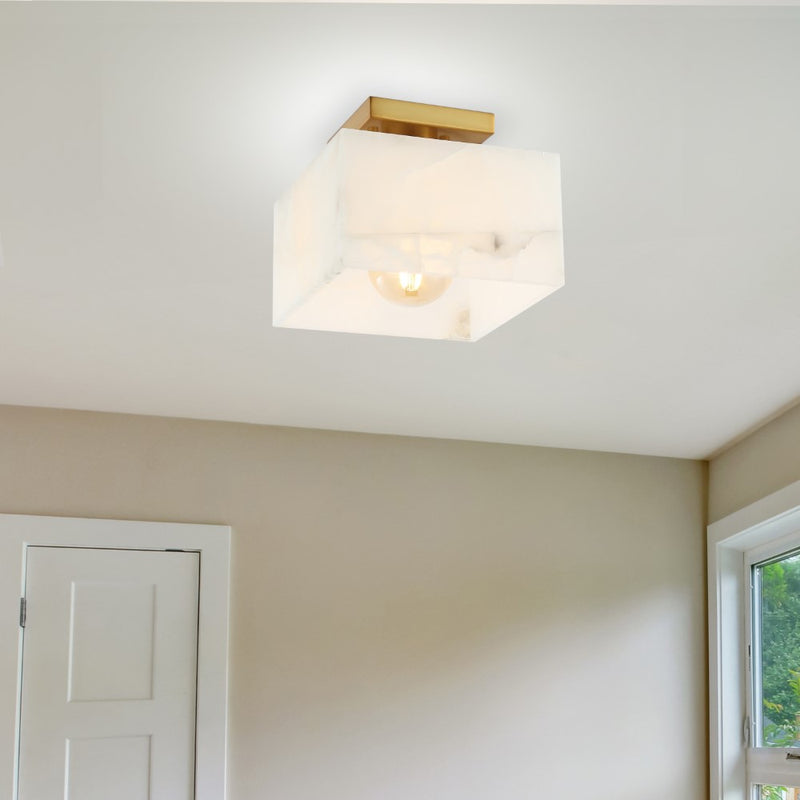 Alessia 1-Light Modern Contemporary Alabaster/Iron Cube LED Semi Flush Mount