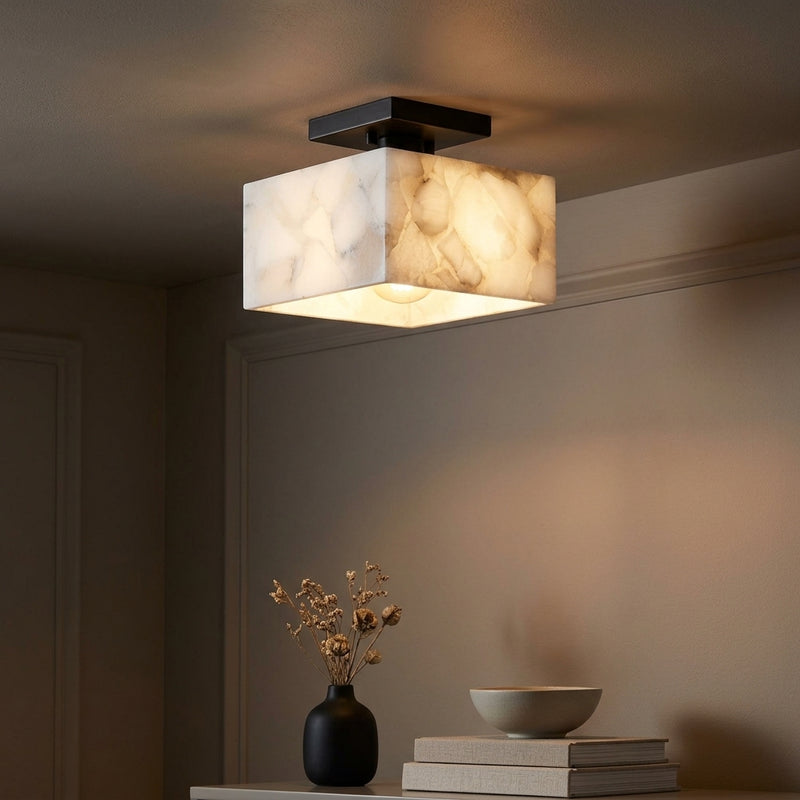 Alessia 1-Light Modern Contemporary Alabaster/Iron Cube LED Semi Flush Mount White Marbling/Black / 8'' – AI-ON