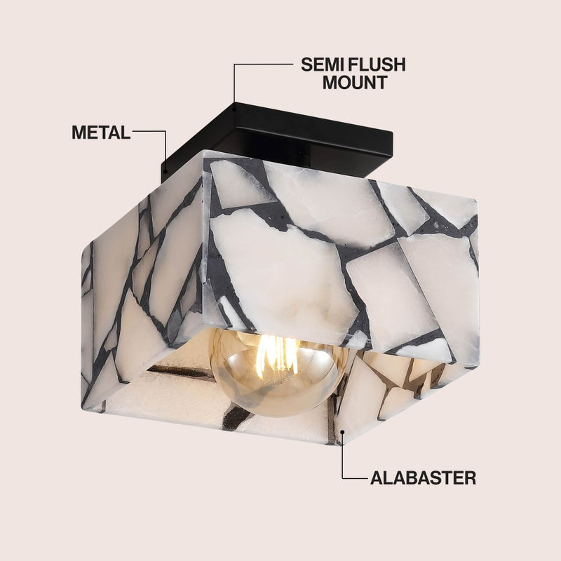 Alessia 1-Light Modern Contemporary Alabaster/Iron Cube LED Semi Flush Mount
