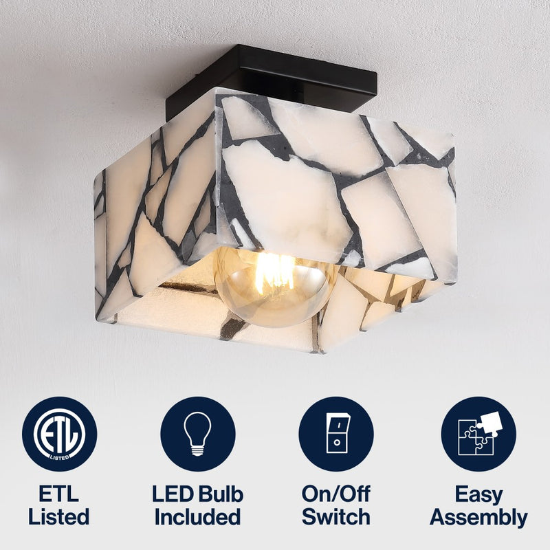 Alessia 1-Light Modern Contemporary Alabaster/Iron Cube LED Semi Flush Mount