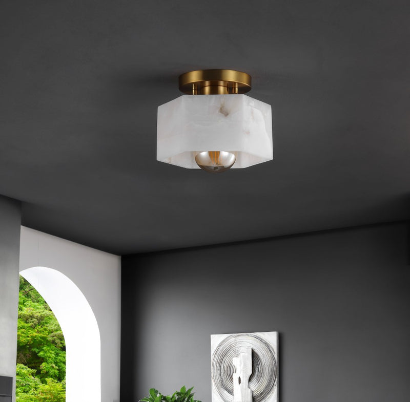 Tessa 8" 1-Light Modern Contemporary Alabaster/Iron Hexagonal LED Semi Flush Mount