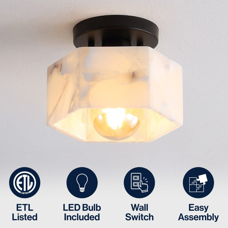 Tessa 8" 1-Light Modern Contemporary Alabaster/Iron Hexagonal LED Semi Flush Mount