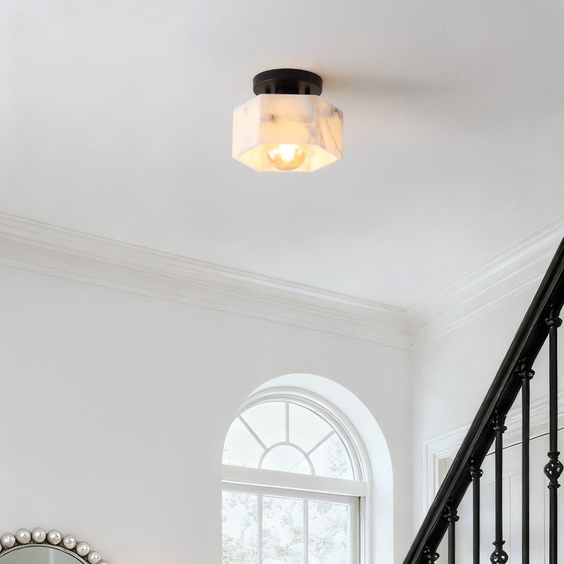 Tessa 8" 1-Light Modern Contemporary Alabaster/Iron Hexagonal LED Semi Flush Mount