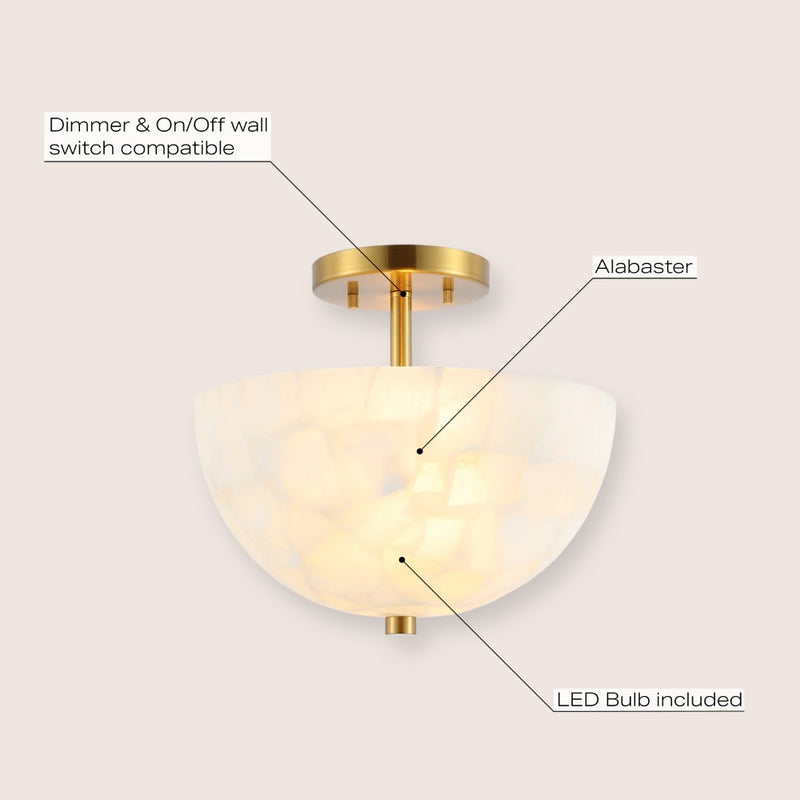 Celine 11.88" 2-Light Modern Contemporary Alabaster/Iron Inverted Dome LED Semi Flush Mount