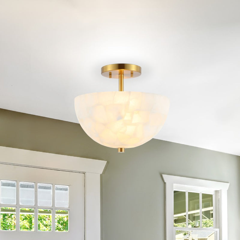 Celine 11.88" 2-Light Modern Contemporary Alabaster/Iron Inverted Dome LED Semi Flush Mount