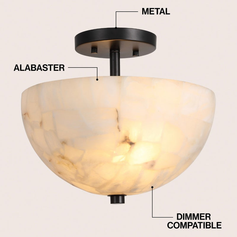 Celine 11.88" 2-Light Modern Contemporary Alabaster/Iron Inverted Dome LED Semi Flush Mount