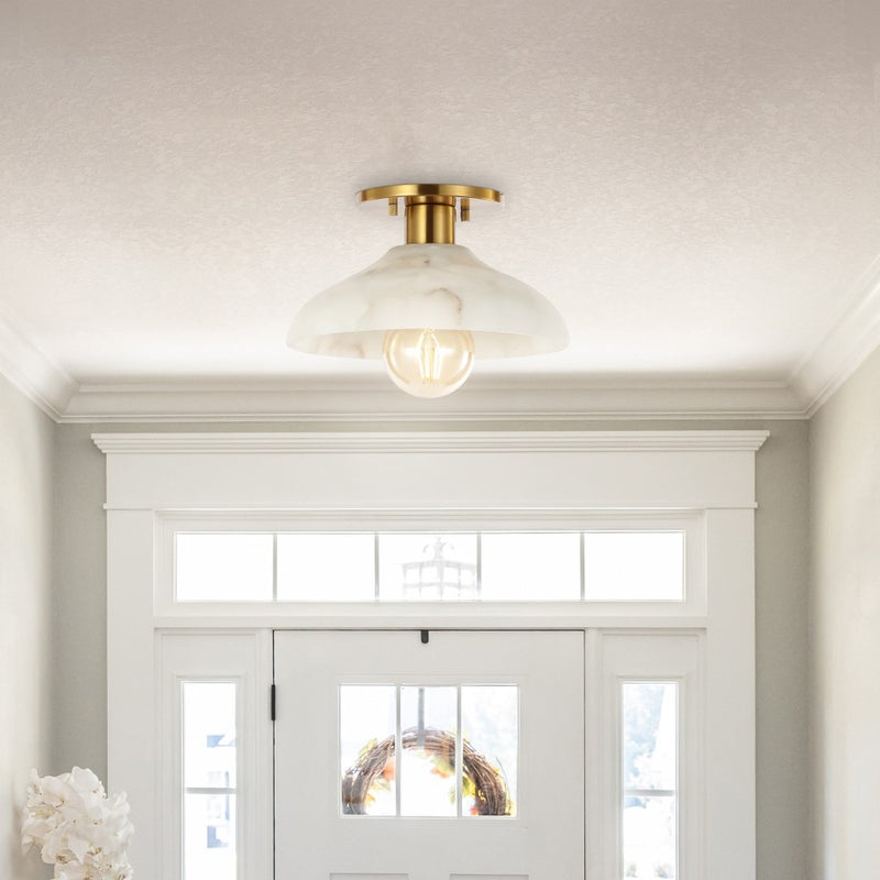 Amara 10" 1-Light Mid-Century Classic Alabaster/Iron LED Semi Flush Mount