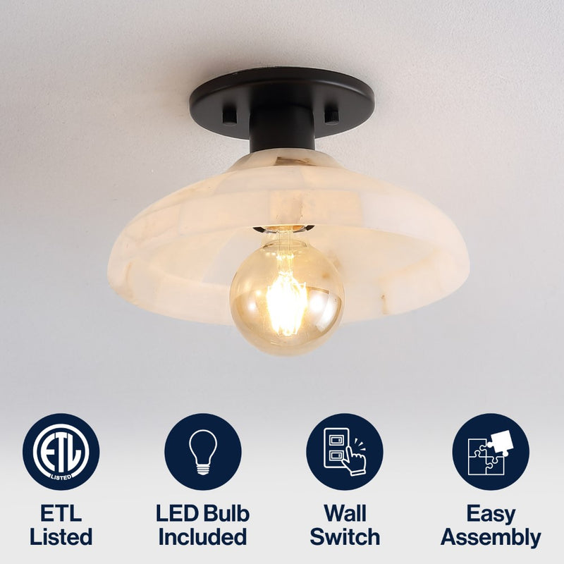 Amara 10" 1-Light Mid-Century Classic Alabaster/Iron LED Semi Flush Mount
