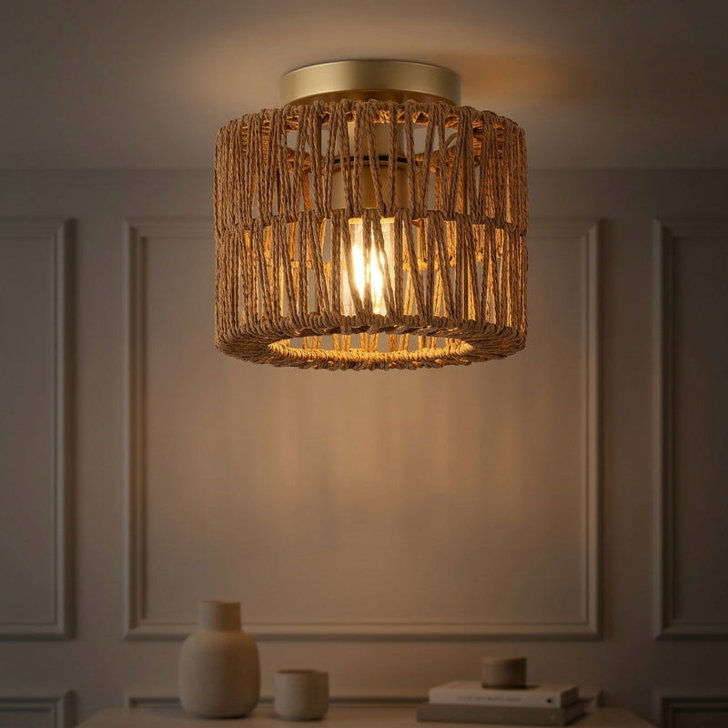 Omar 8 in. 1-Light Modern Bohemian Metal and Cross Woven Paper Rope Drum LED Flush Mount Natural/Brass Gold Cross Woven – AI-ON