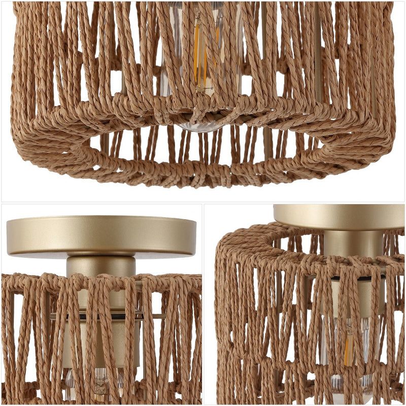 Omar 8 in. 1-Light Modern Bohemian Metal and Cross Woven Paper Rope Drum LED Flush Mount