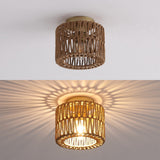 Omar 8 in. 1-Light Modern Bohemian Metal and Cross Woven Paper Rope Drum LED Flush Mount
