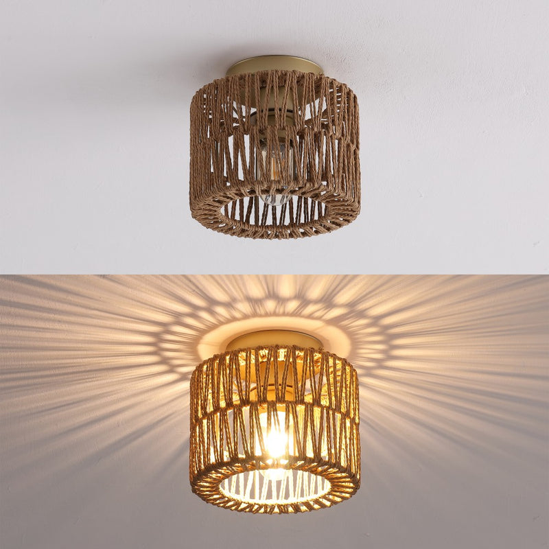 Omar 8 in. 1-Light Modern Bohemian Metal and Cross Woven Paper Rope Drum LED Flush Mount