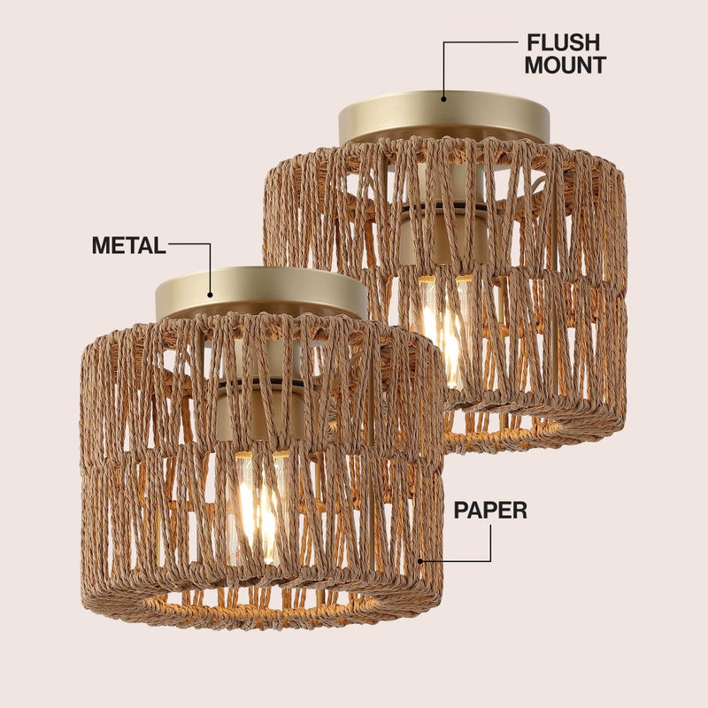 Omar 8 in. 1-Light Modern Bohemian Metal and Cross Woven Paper Rope Drum LED Flush Mount