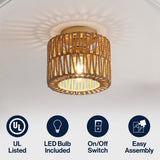 Omar 8 in. 1-Light Modern Bohemian Metal and Cross Woven Paper Rope Drum LED Flush Mount