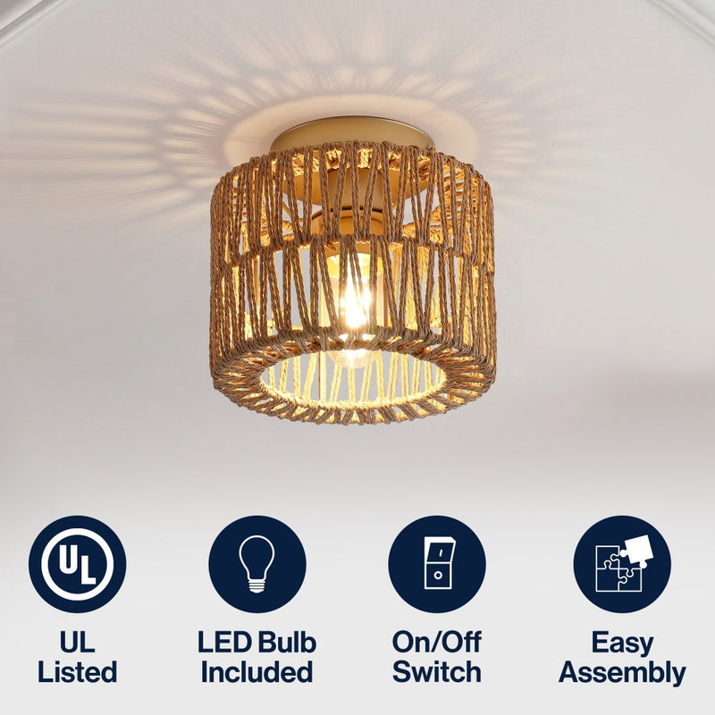 Omar 8 in. 1-Light Modern Bohemian Metal and Cross Woven Paper Rope Drum LED Flush Mount