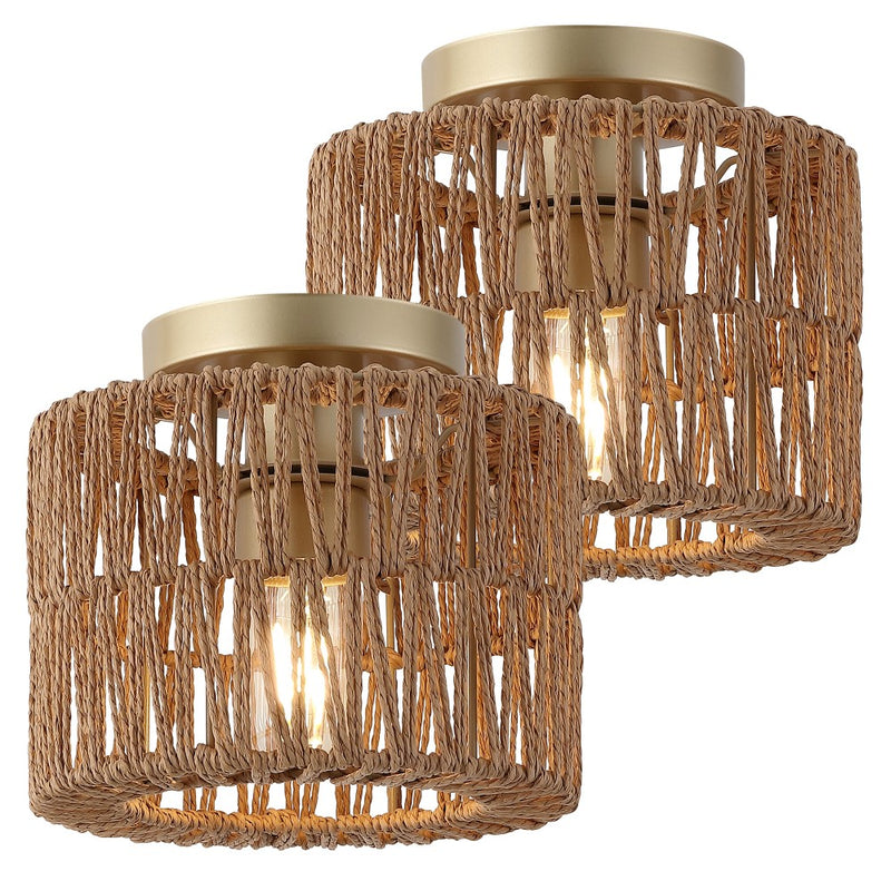 Omar 8 in. 1-Light Modern Bohemian Metal and Cross Woven Paper Rope Drum LED Flush Mount