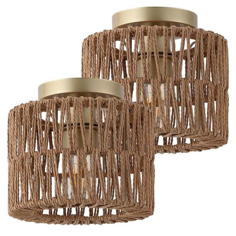 Omar 8 in. 1-Light Modern Bohemian Metal and Cross Woven Paper Rope Drum LED Flush Mount