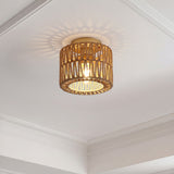 Omar 8 in. 1-Light Modern Bohemian Metal and Cross Woven Paper Rope Drum LED Flush Mount