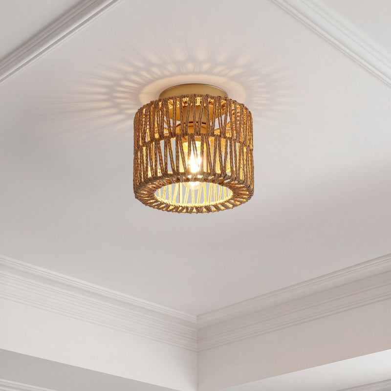 Omar 8 in. 1-Light Modern Bohemian Metal and Cross Woven Paper Rope Drum LED Flush Mount
