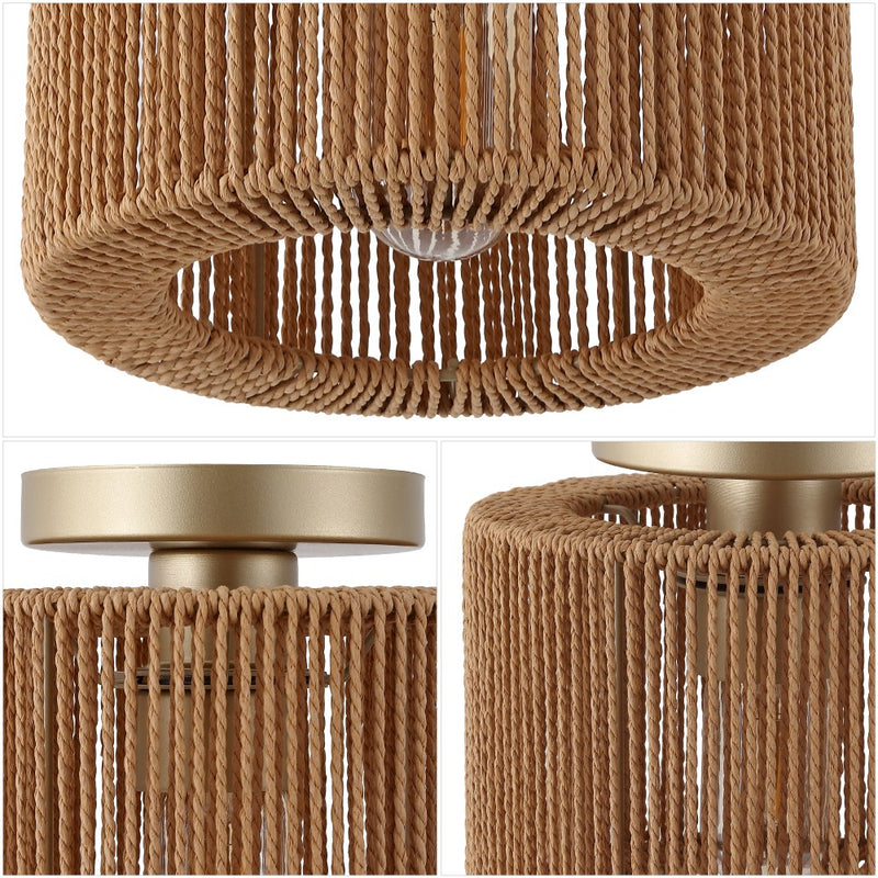 Omar 8 in. 1-Light Modern Bohemian Metal and Cross Woven Paper Rope Drum LED Flush Mount