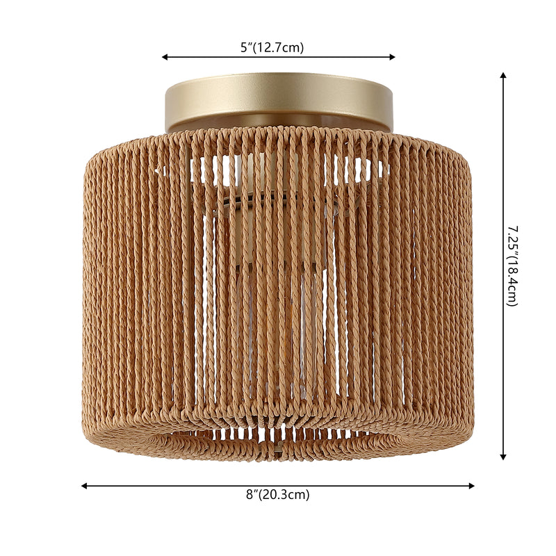 Omar 8 in. 1-Light Modern Bohemian Metal and Cross Woven Paper Rope Drum LED Flush Mount
