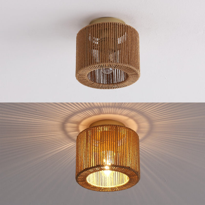 Omar 8 in. 1-Light Modern Bohemian Metal and Cross Woven Paper Rope Drum LED Flush Mount