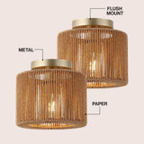 Omar 8 in. 1-Light Modern Bohemian Metal and Cross Woven Paper Rope Drum LED Flush Mount