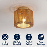 Omar 8 in. 1-Light Modern Bohemian Metal and Cross Woven Paper Rope Drum LED Flush Mount