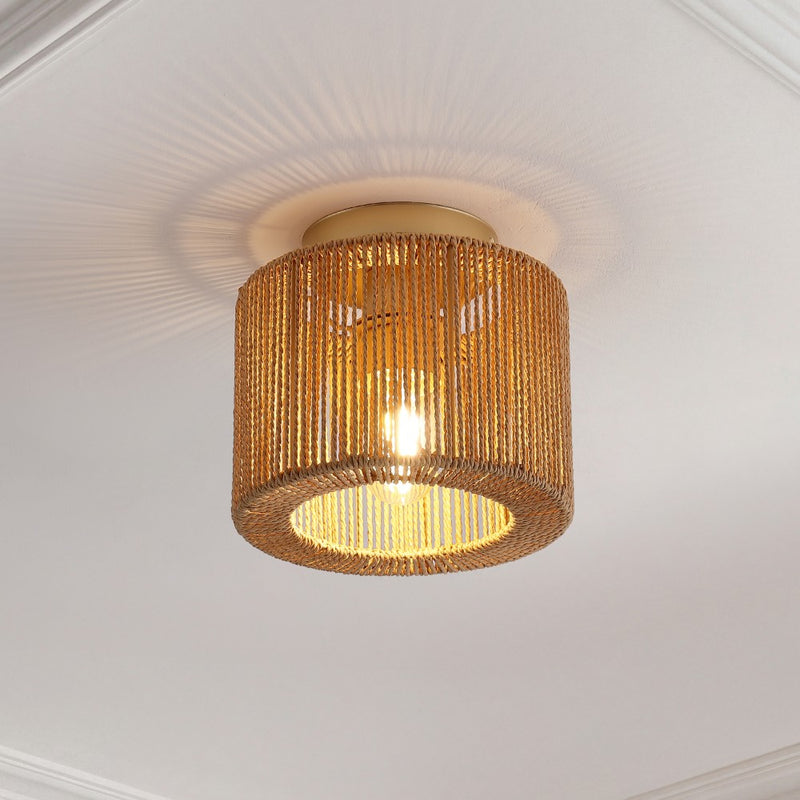 Omar 8 in. 1-Light Modern Bohemian Metal and Cross Woven Paper Rope Drum LED Flush Mount