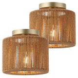 Omar 8 in. 1-Light Modern Bohemian Metal and Cross Woven Paper Rope Drum LED Flush Mount