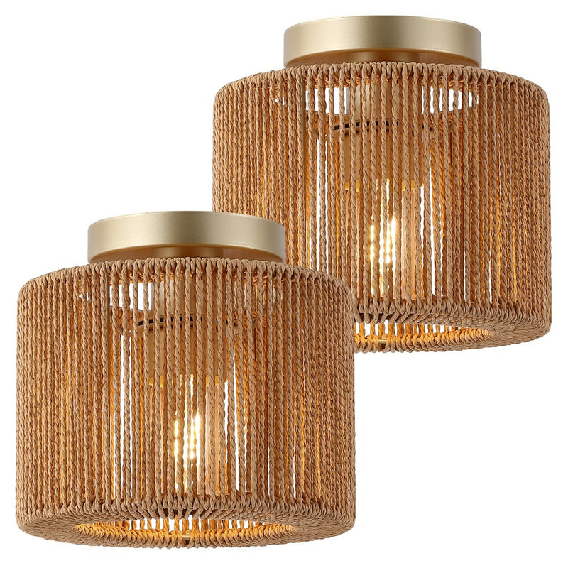 Omar 8 in. 1-Light Modern Bohemian Metal and Cross Woven Paper Rope Drum LED Flush Mount