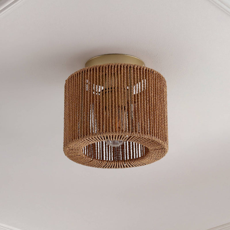 Omar 8 in. 1-Light Modern Bohemian Metal and Cross Woven Paper Rope Drum LED Flush Mount