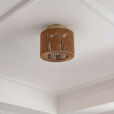 Omar 8 in. 1-Light Modern Bohemian Metal and Cross Woven Paper Rope Drum LED Flush Mount