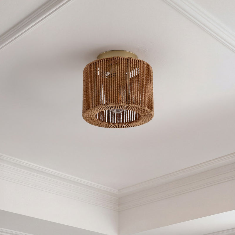 Omar 8 in. 1-Light Modern Bohemian Metal and Cross Woven Paper Rope Drum LED Flush Mount