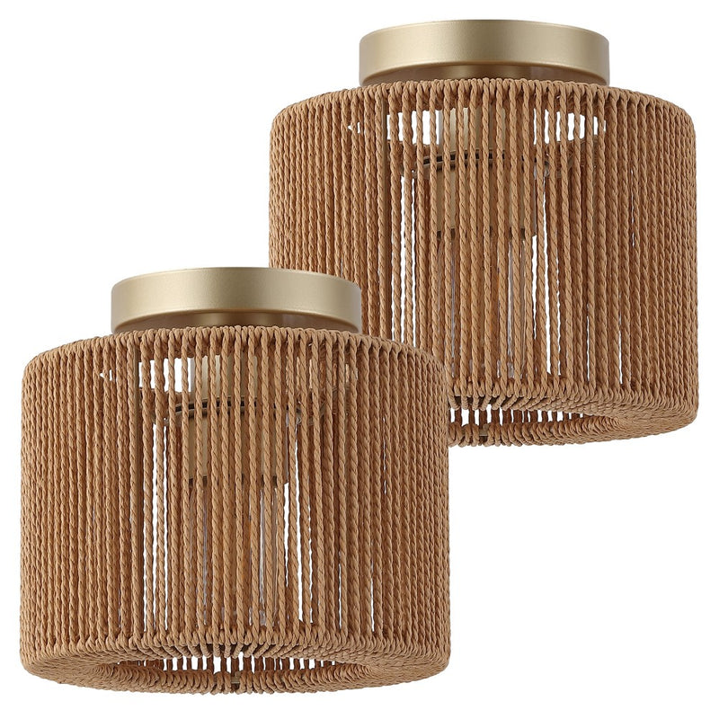 Omar 8 in. 1-Light Modern Bohemian Metal and Cross Woven Paper Rope Drum LED Flush Mount