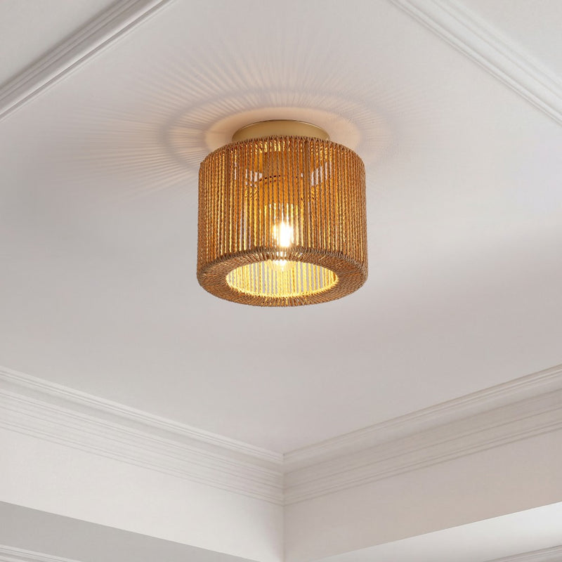 Omar 8 in. 1-Light Modern Bohemian Metal and Cross Woven Paper Rope Drum LED Flush Mount