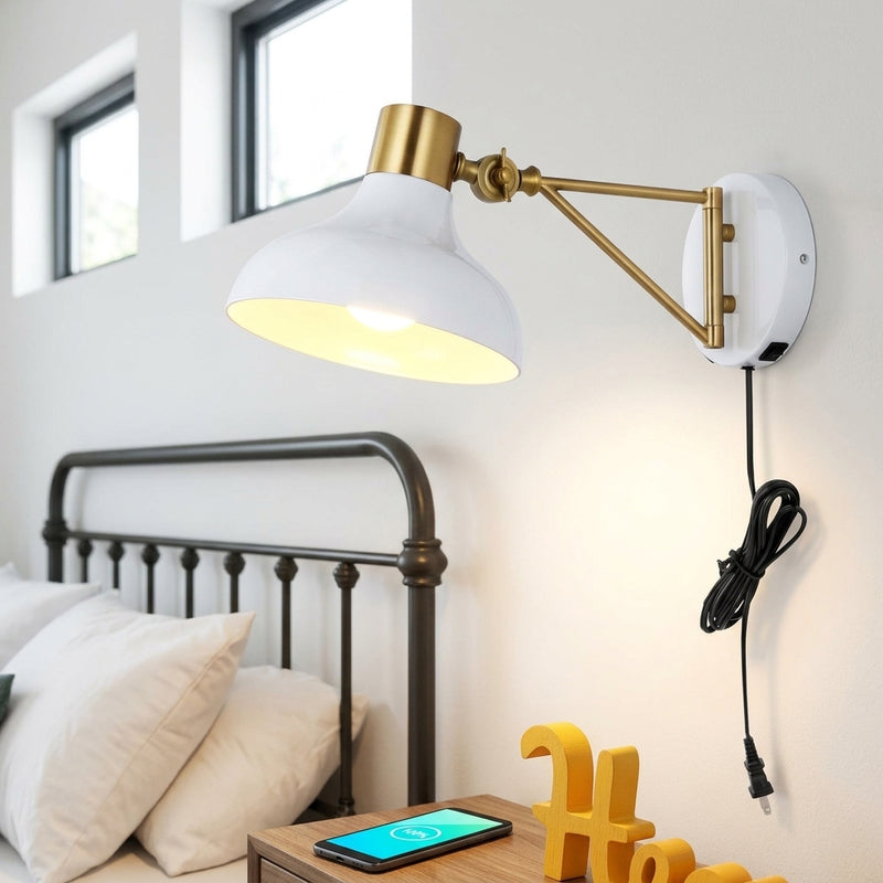 Lynn 15" Swing Arm Modern Midcentury Iron USB Charging Port LED Sconce White/Brass Gold – MAIN-ROOM