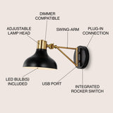 Lynn 15" Swing Arm Modern Midcentury Iron USB Charging Port LED Sconce