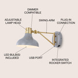 Lynn 15" Swing Arm Modern Midcentury Iron USB Charging Port LED Sconce