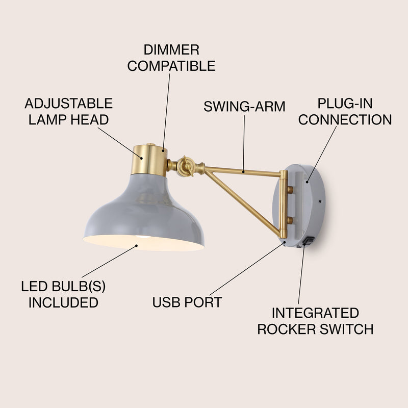 Lynn 15" Swing Arm Modern Midcentury Iron USB Charging Port LED Sconce