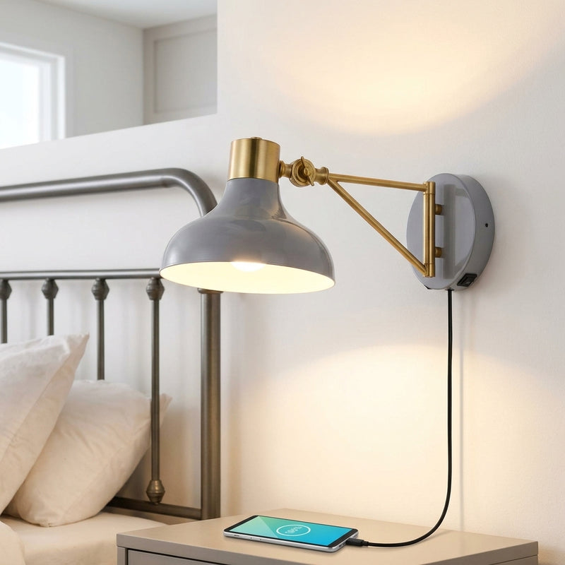 Lynn 15" Swing Arm Modern Midcentury Iron USB Charging Port LED Sconce Grey/Brass Gold – MAIN-ROOM